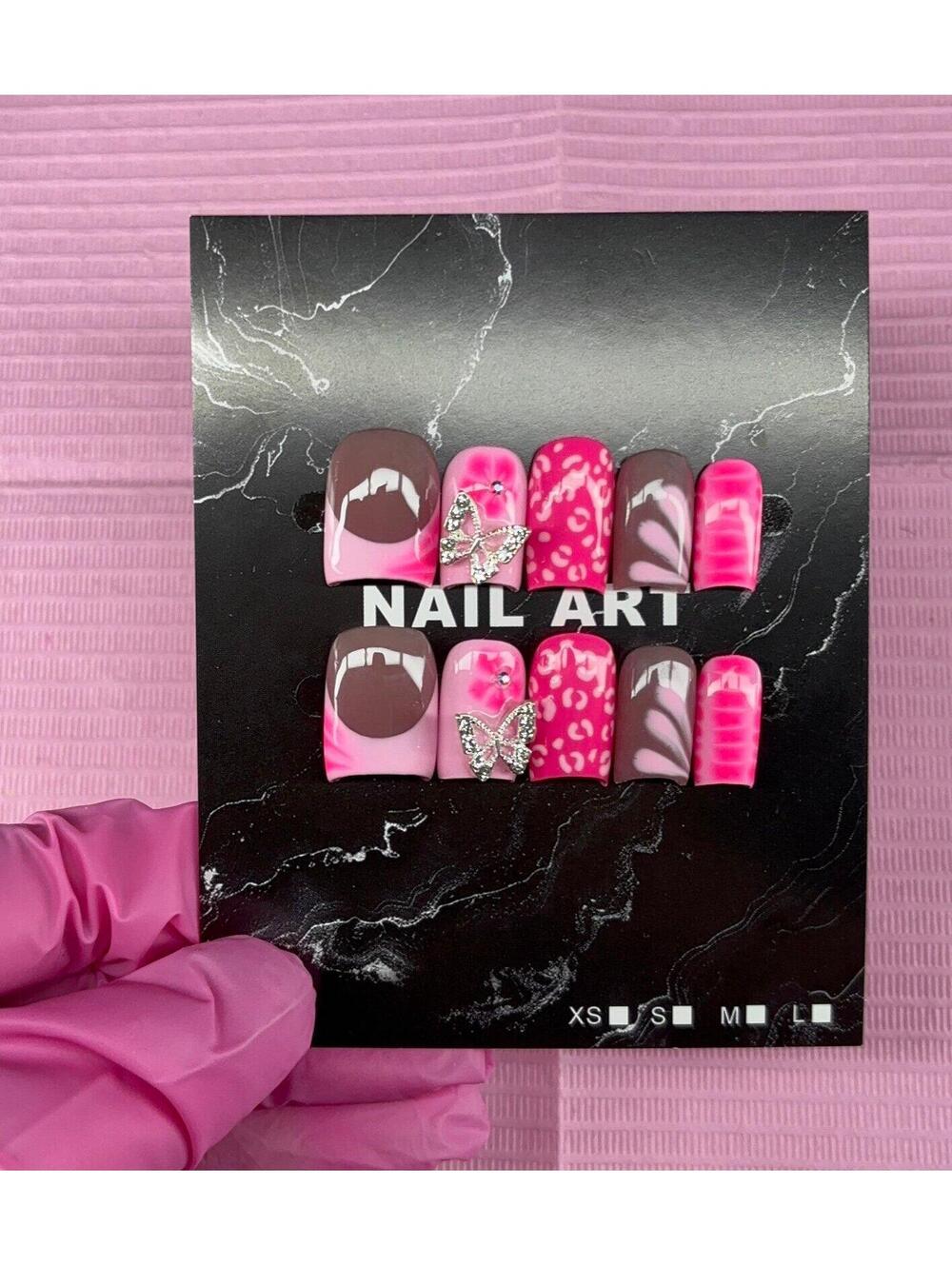 Short square press on nails pink French tips butterflies